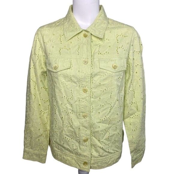 Appleseed's Yellow Green Eyelet Lace Button Down Jacket Sze Petite Medium PM NEW - Picture 1 of 8